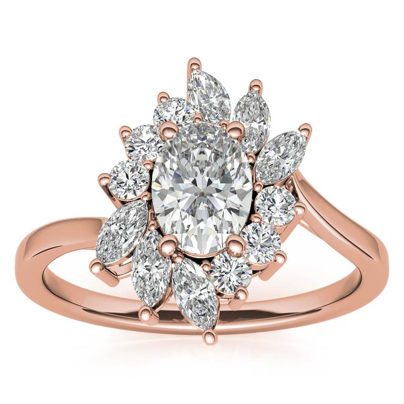 Oval Engagement Ring with Marquise & Round Halo