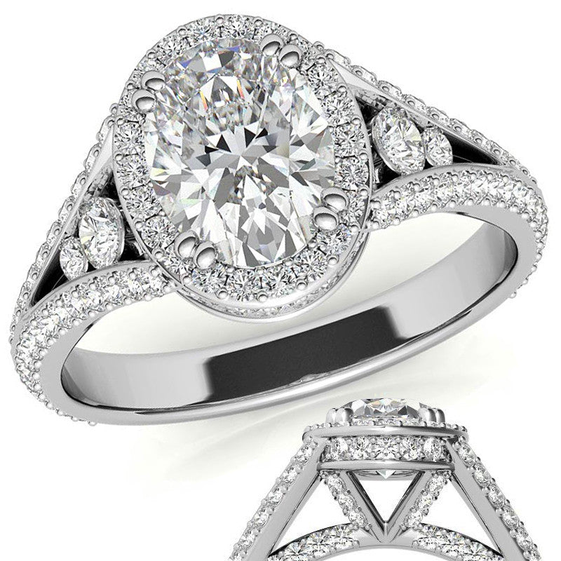 Oval Moissanite Split Shank Halo Engagement Ring