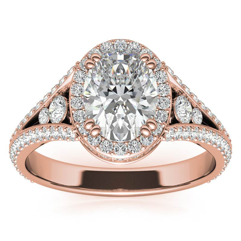 Oval Moissanite Split Shank Halo Engagement Ring