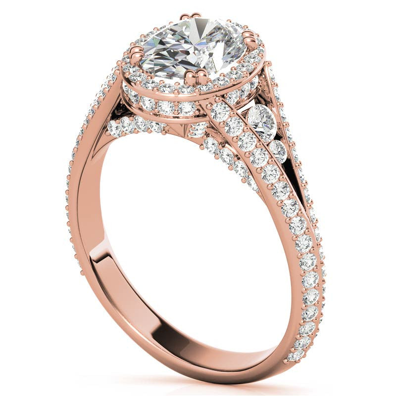 Oval Moissanite Split Shank Halo Engagement Ring