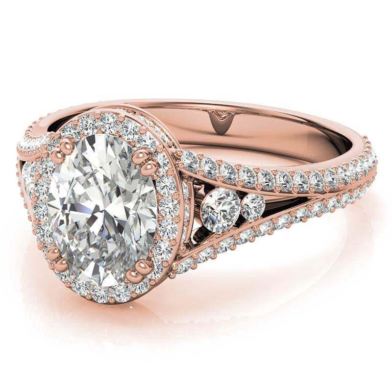 Oval Moissanite Split Shank Halo Engagement Ring