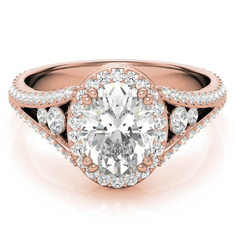 Oval Moissanite Split Shank Halo Engagement Ring
