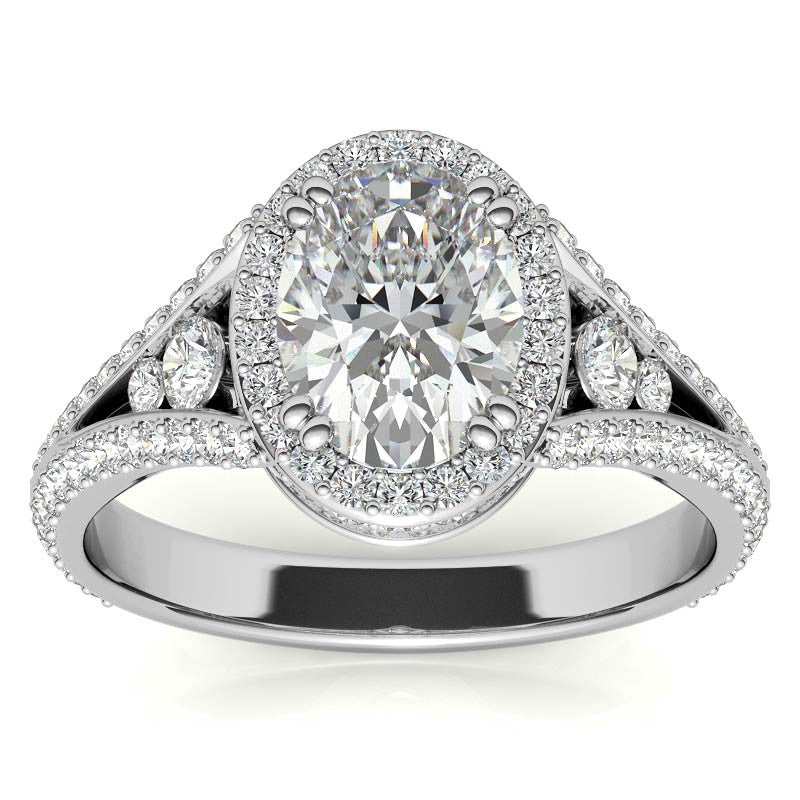 Oval Moissanite Split Shank Halo Engagement Ring