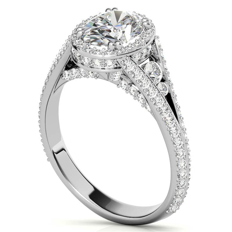 Oval Moissanite Split Shank Halo Engagement Ring