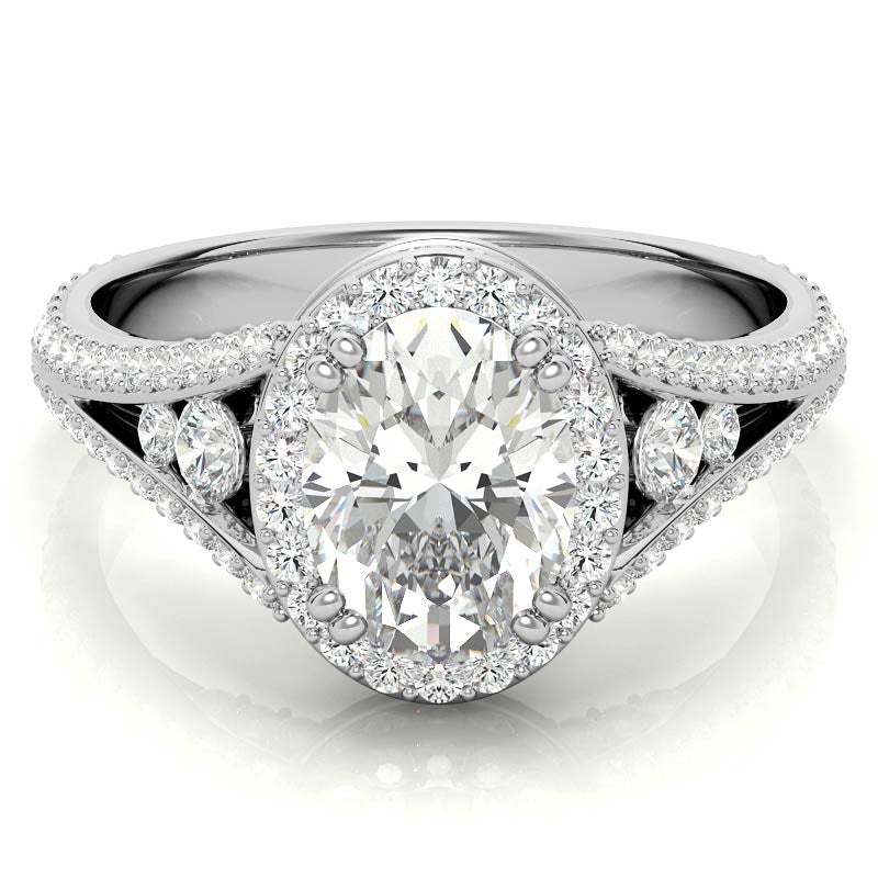 Oval Moissanite Split Shank Halo Engagement Ring