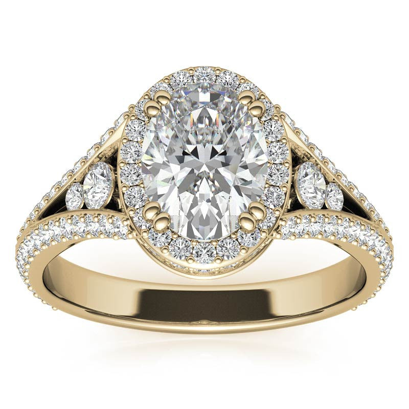 Oval Moissanite Split Shank Halo Engagement Ring