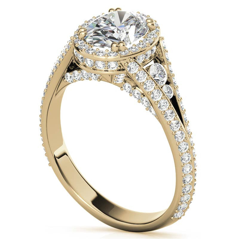 Oval Moissanite Split Shank Halo Engagement Ring