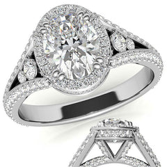 Oval Moissanite Split Shank Halo Engagement Ring