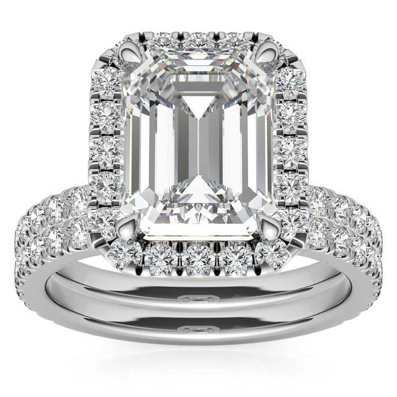 Emerald / Radiant Halo Moissanite Engagement Ring with Hidden Collar