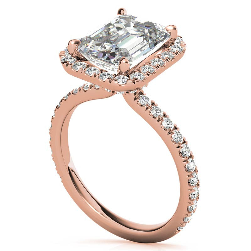 Emerald / Radiant Halo Moissanite Engagement Ring with Hidden Collar