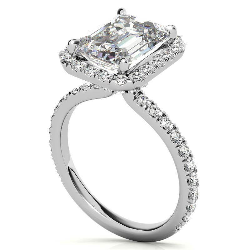 Emerald / Radiant Halo Moissanite Engagement Ring with Hidden Collar