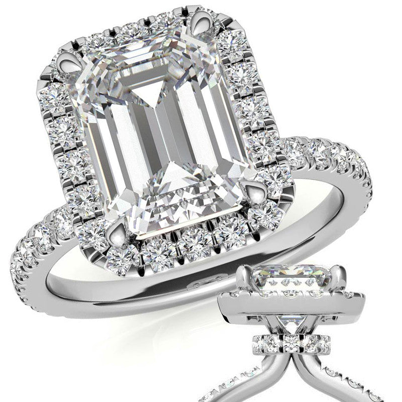 Emerald / Radiant Halo Moissanite Engagement Ring with Hidden Collar
