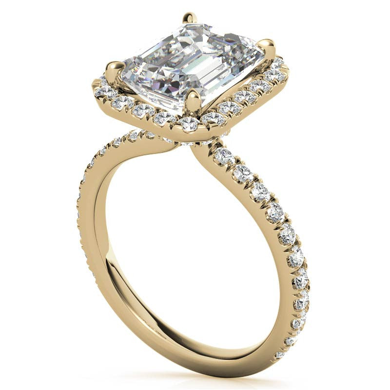Emerald / Radiant Halo Moissanite Engagement Ring with Hidden Collar