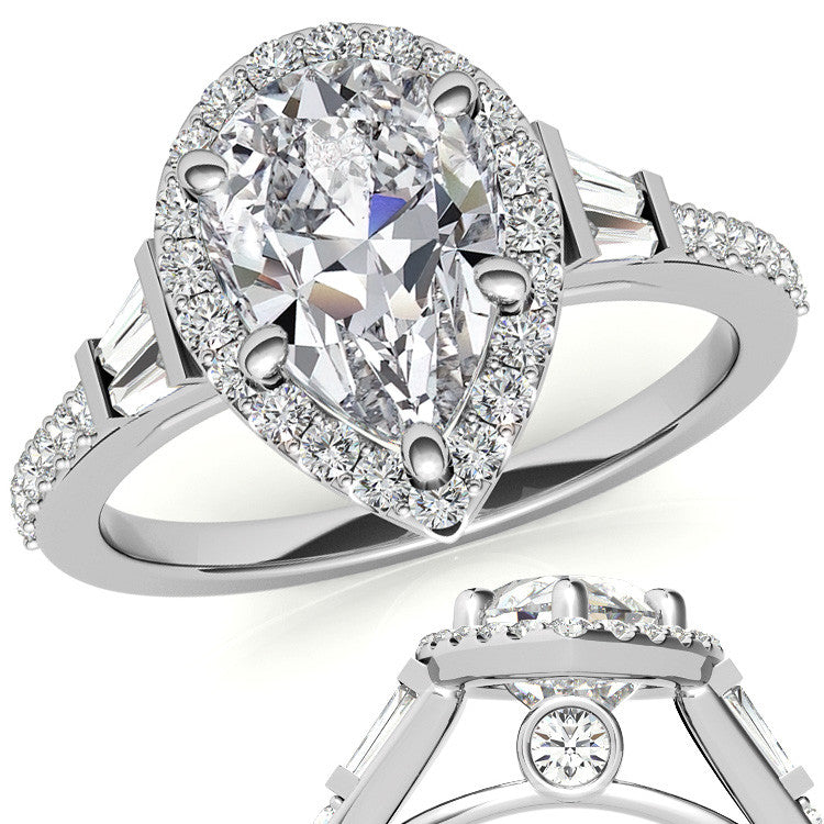 Pear Moissanite & Baguette Diamond Halo Engaement Ring