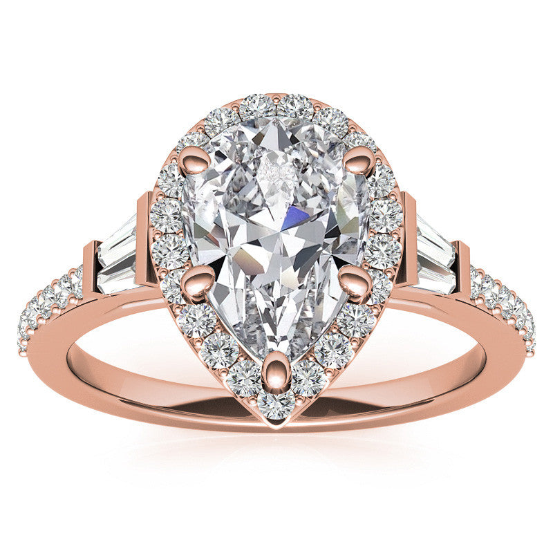 Pear Moissanite & Baguette Diamond Halo Engaement Ring