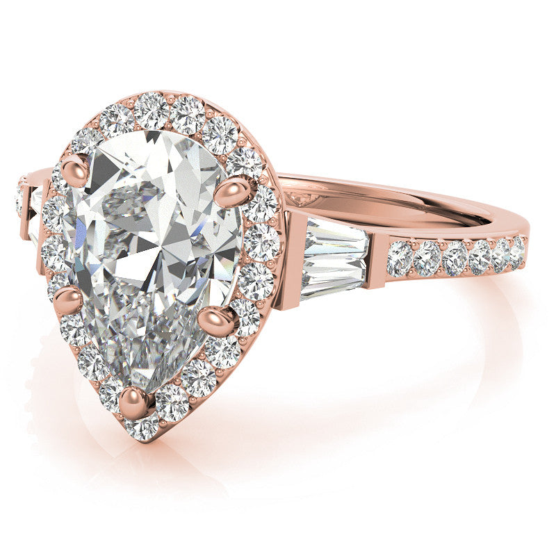 Pear Moissanite & Baguette Diamond Halo Engaement Ring