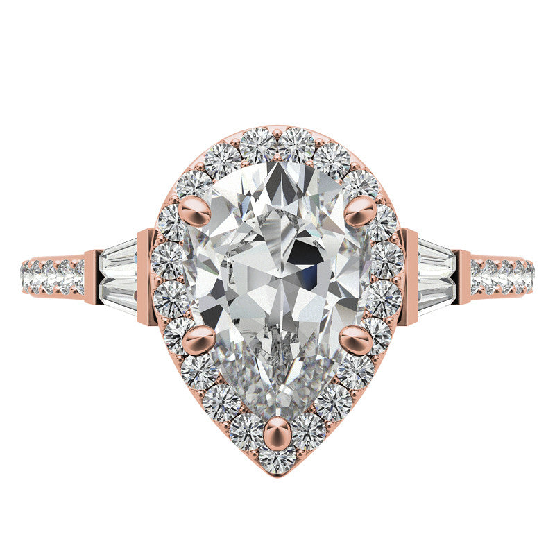 Pear Moissanite & Baguette Diamond Halo Engaement Ring