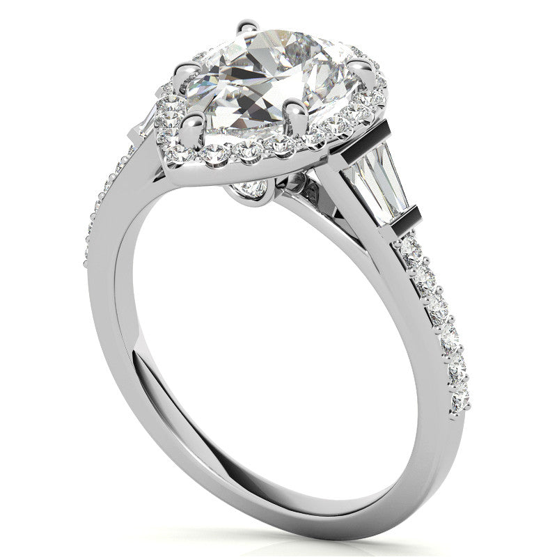 Pear Moissanite & Baguette Diamond Halo Engaement Ring