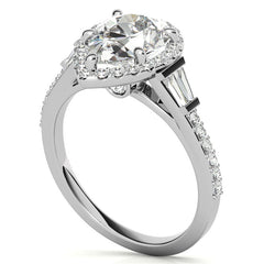 Pear Moissanite & Baguette Diamond Halo Engaement Ring