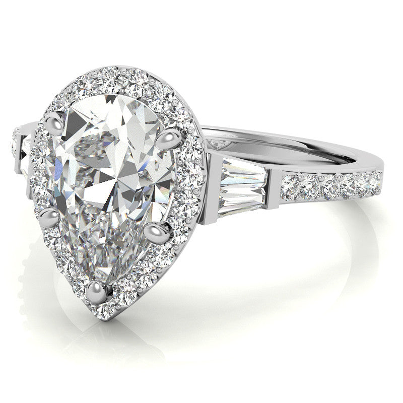 Pear Moissanite & Baguette Diamond Halo Engaement Ring