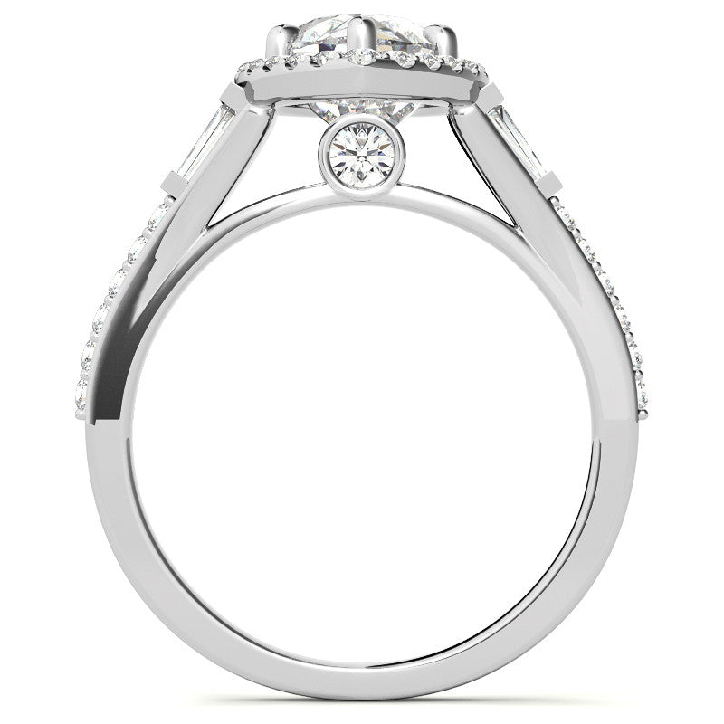 Pear Moissanite & Baguette Diamond Halo Engaement Ring