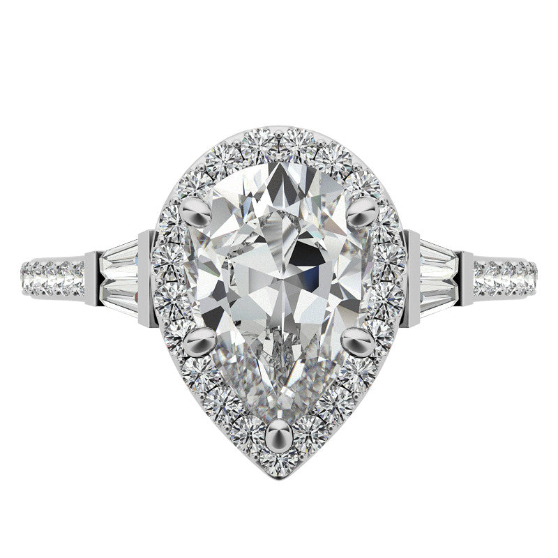 Pear Moissanite & Baguette Diamond Halo Engaement Ring