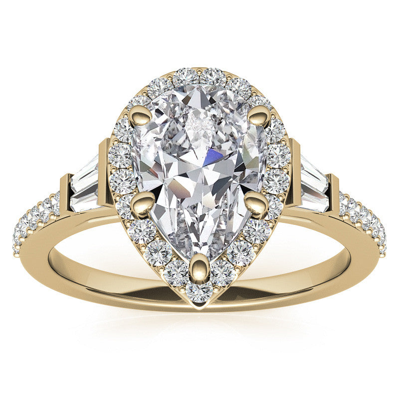 Pear Moissanite & Baguette Diamond Halo Engaement Ring