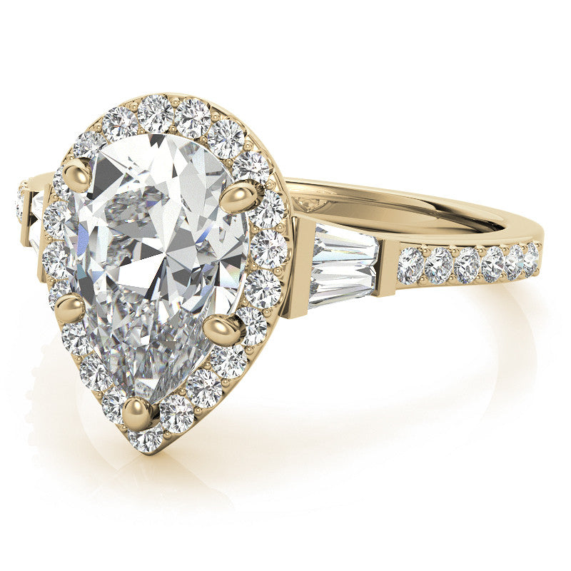 Pear Moissanite & Baguette Diamond Halo Engaement Ring