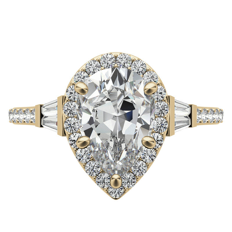 Pear Moissanite & Baguette Diamond Halo Engaement Ring