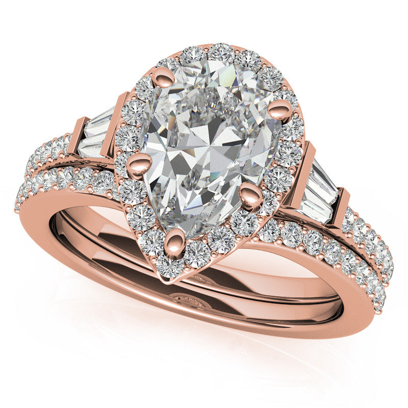 Pear Moissanite & Baguette Diamond Halo Engaement Ring