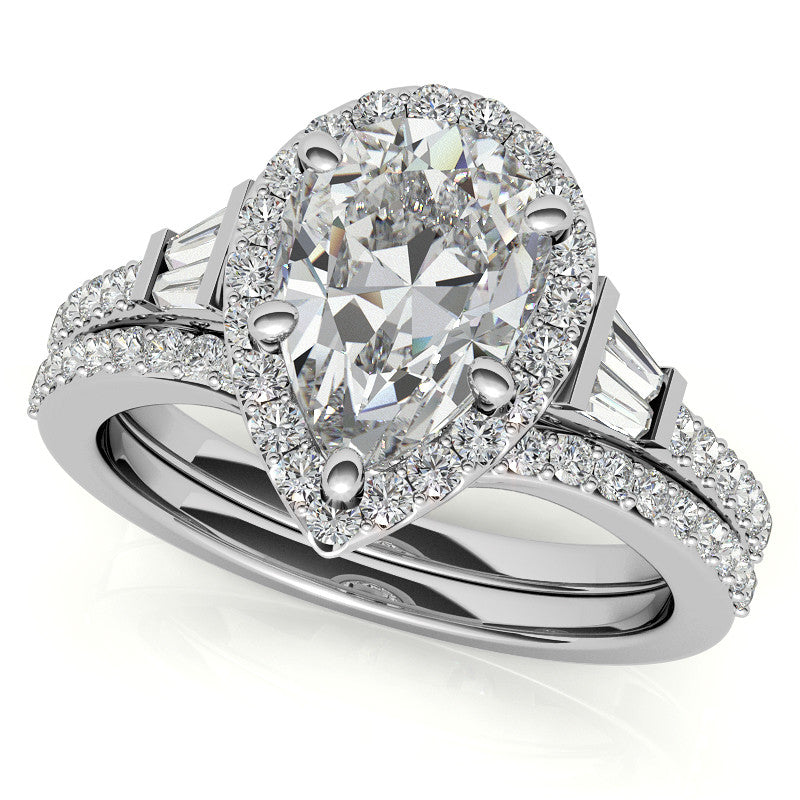 Pear Moissanite & Baguette Diamond Halo Engaement Ring