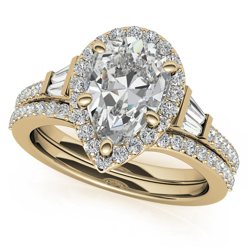 Pear Moissanite & Baguette Diamond Halo Engaement Ring