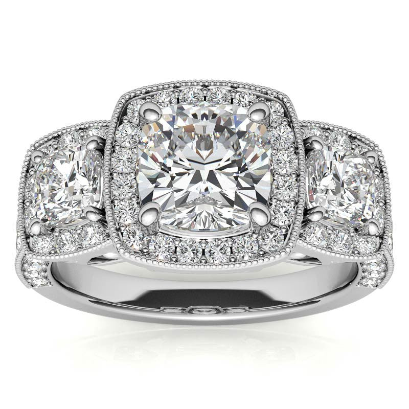 Cushion Moissanite 3-Stone Halo Engagement Ring with Milgrain Accent