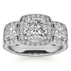 Cushion Moissanite 3-Stone Halo Engagement Ring with Milgrain Accent