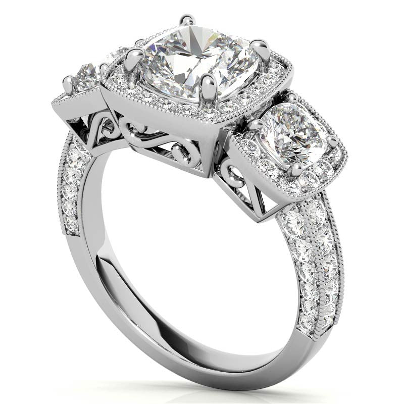 Cushion Moissanite 3-Stone Halo Engagement Ring with Milgrain Accent