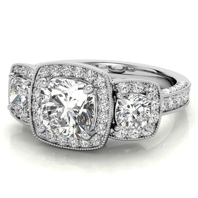 Cushion Moissanite 3-Stone Halo Engagement Ring with Milgrain Accent
