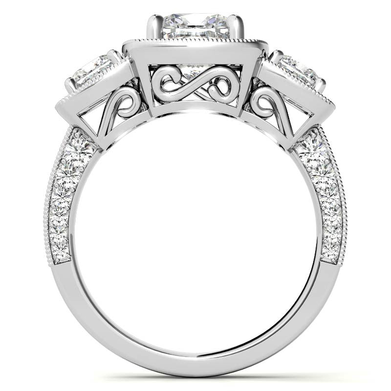 Cushion Moissanite 3-Stone Halo Engagement Ring with Milgrain Accent