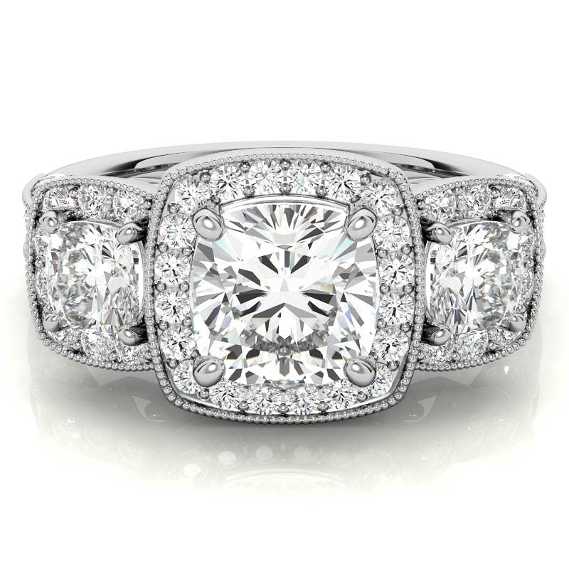 Cushion Moissanite 3-Stone Halo Engagement Ring with Milgrain Accent