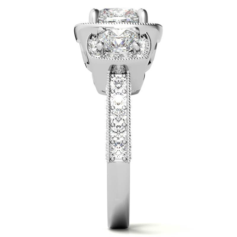 Cushion Moissanite 3-Stone Halo Engagement Ring with Milgrain Accent