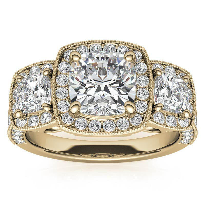 Cushion Moissanite 3-Stone Halo Engagement Ring with Milgrain Accent