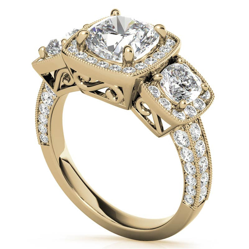 Cushion Moissanite 3-Stone Halo Engagement Ring with Milgrain Accent