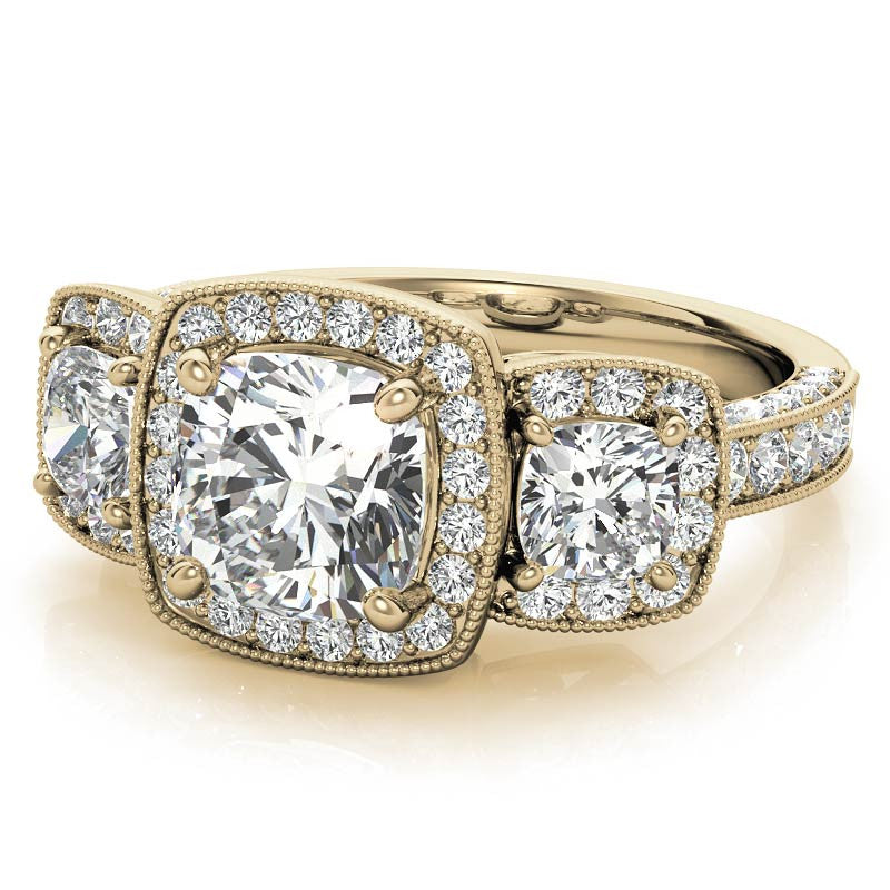 Cushion Moissanite 3-Stone Halo Engagement Ring with Milgrain Accent