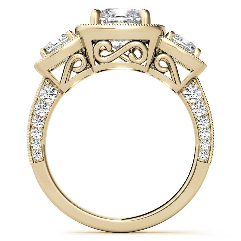 Cushion Moissanite 3-Stone Halo Engagement Ring with Milgrain Accent