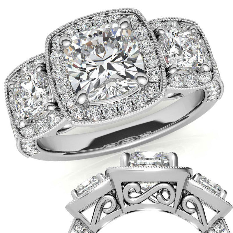 Cushion Moissanite 3-Stone Halo Engagement Ring with Milgrain Accent