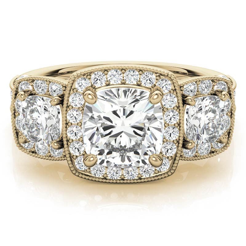 Cushion Moissanite 3-Stone Halo Engagement Ring with Milgrain Accent