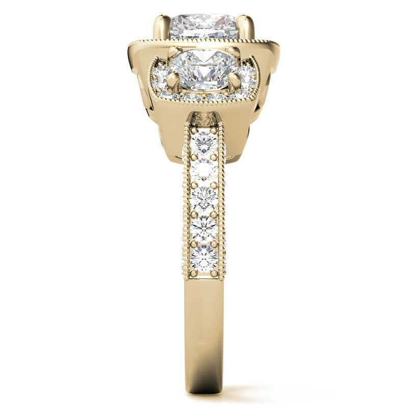 Cushion Moissanite 3-Stone Halo Engagement Ring with Milgrain Accent