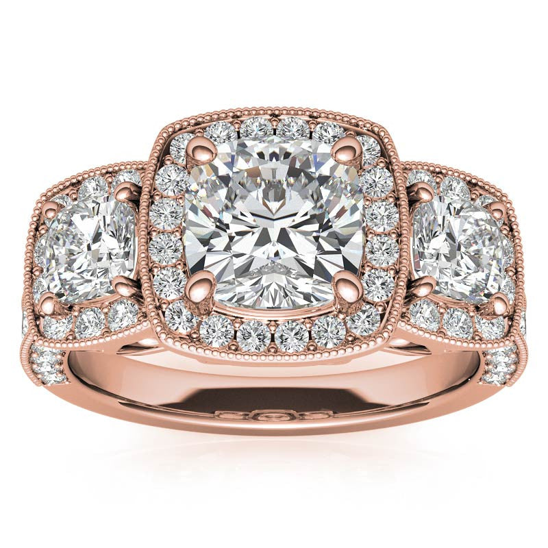 Cushion Moissanite 3-Stone Halo Engagement Ring with Milgrain Accent