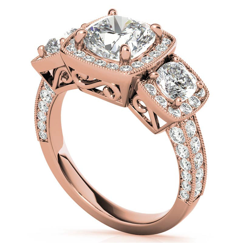 Cushion Moissanite 3-Stone Halo Engagement Ring with Milgrain Accent