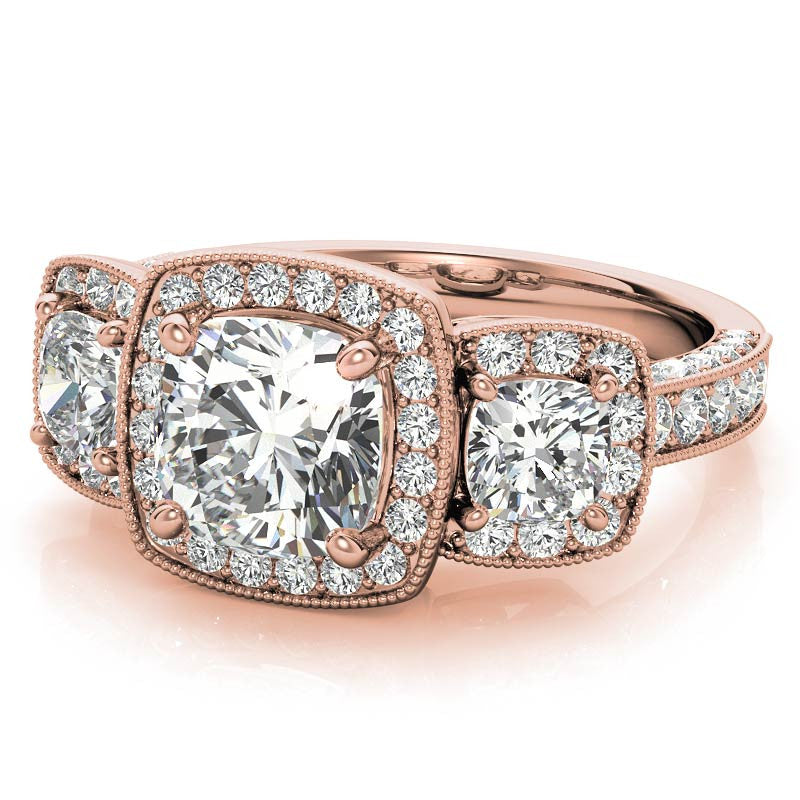 Cushion Moissanite 3-Stone Halo Engagement Ring with Milgrain Accent