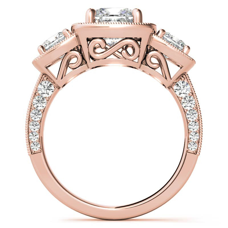 Cushion Moissanite 3-Stone Halo Engagement Ring with Milgrain Accent